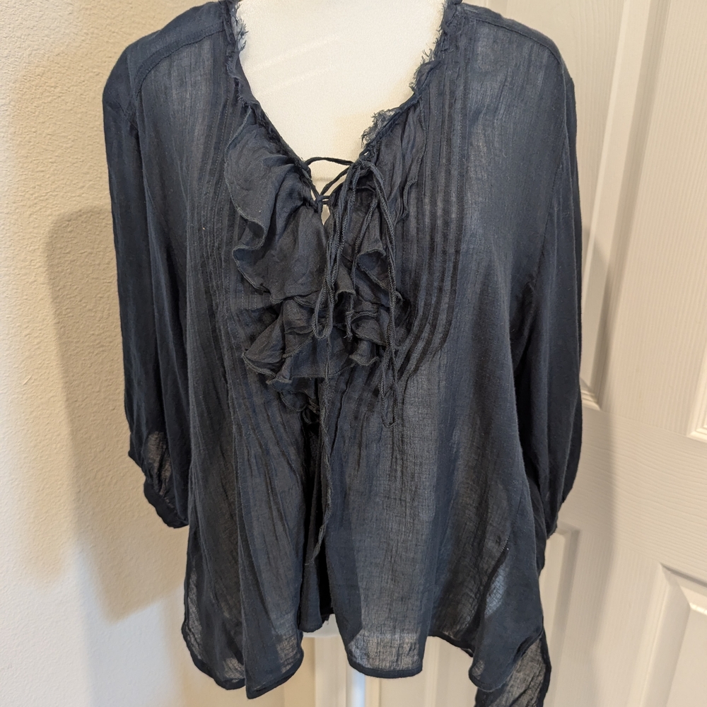 Black Ruffled Tie Front Blouse